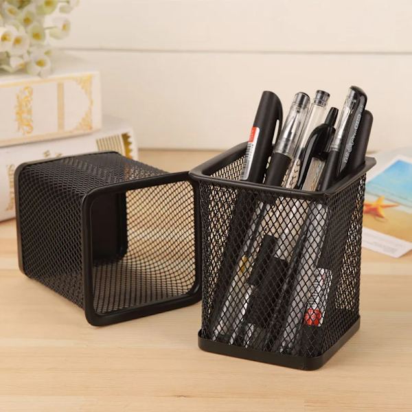 Metal Mesh Square Pen Box Skrivebord Creative Organizer Skrivesaker De Square