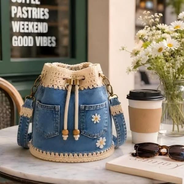 Hinkväska i denim med dragsko och broderad virkad kantjustering A2