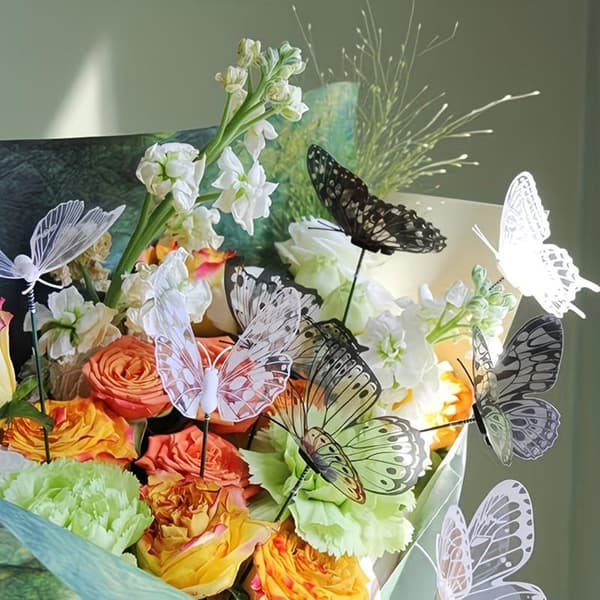 10/30 stk. 3D sort/hvid kunstig sommerfugl havestav blomstervase A30