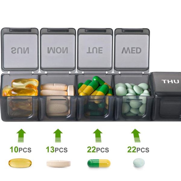 Ukentlig Pill Organizer Daglige etuier XL Box Oppbevaring Vitaminer 7 Day Black