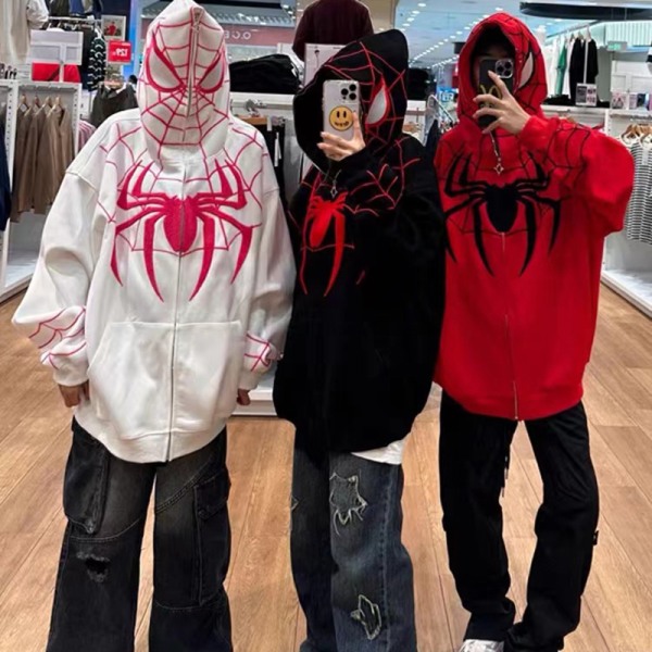 Spider Hoodie Dam Zip Up Casual Streetwear Retro Oversized Sw Black XL
