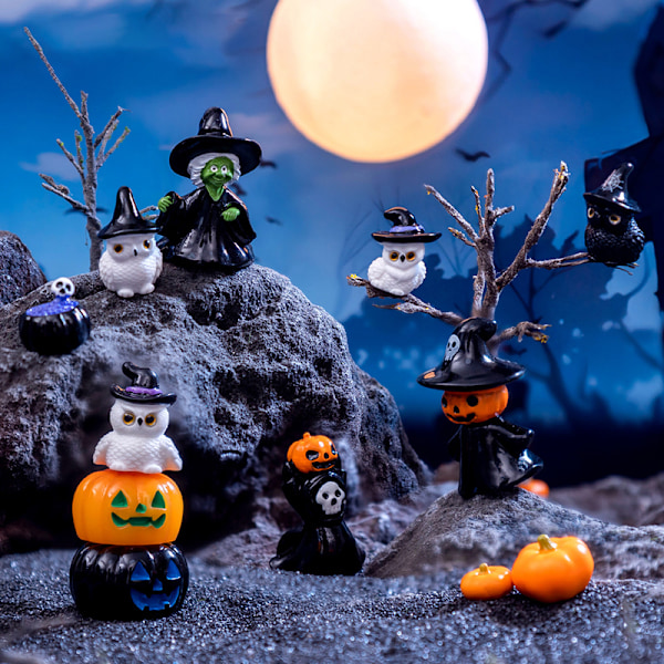 Mini Halloween Ornament Heks Spøkelse Gresskar Figur Micro Land A8