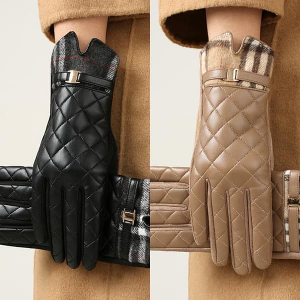 Klassiska Pläd Läderhandskar För Kvinnor Vinter Varma Pekskärmshandskar Khaki