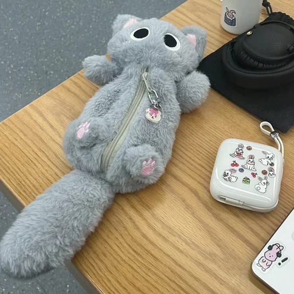 Grå plys Cat Pen Bag e Desktop Cartoon Paper Storage Bag Gray