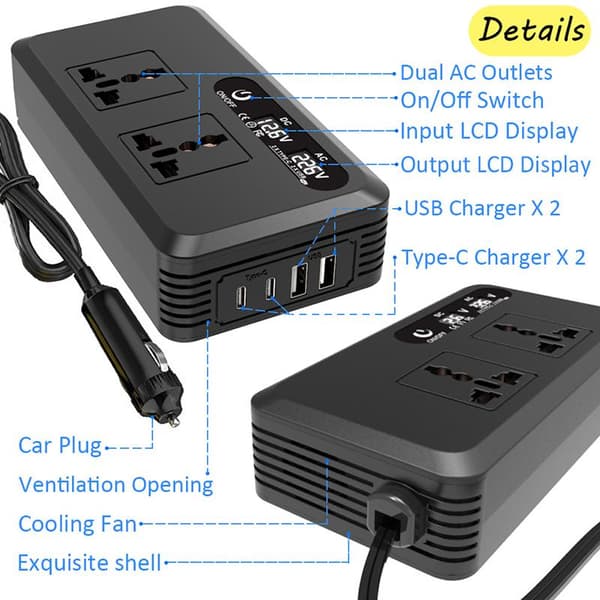 200W 12V til 220V for EU-kontakter Bilomformer Lighterplugg USB A3