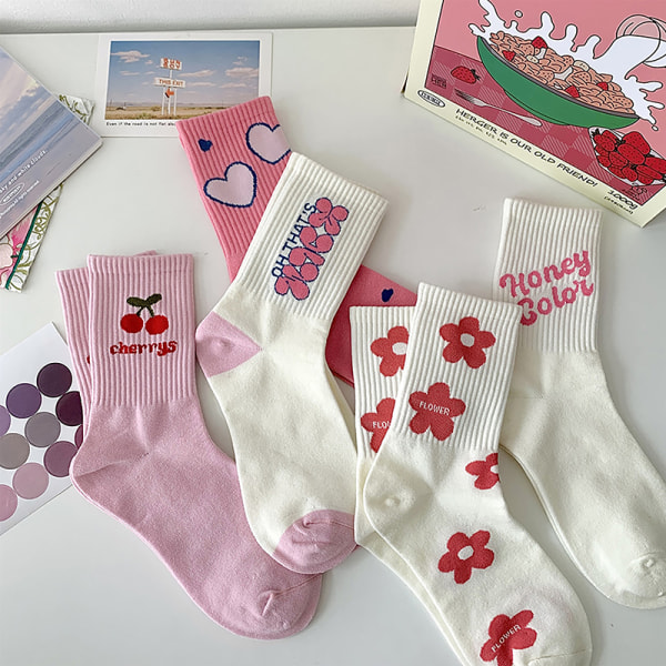 Pink Flower Damstrumpor Mode och Sweet Harajuku Cotton Socks C A2