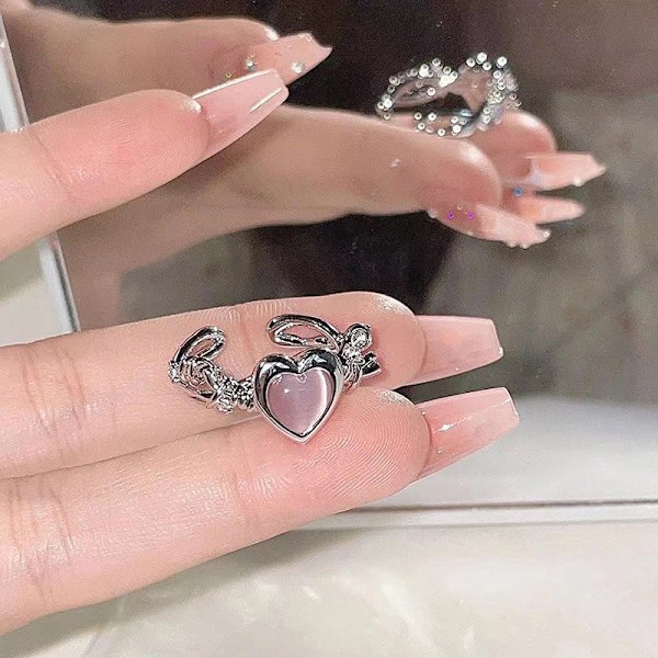 Modehjertering Cat Eye Peach Heart Justerbare Dameringe J
