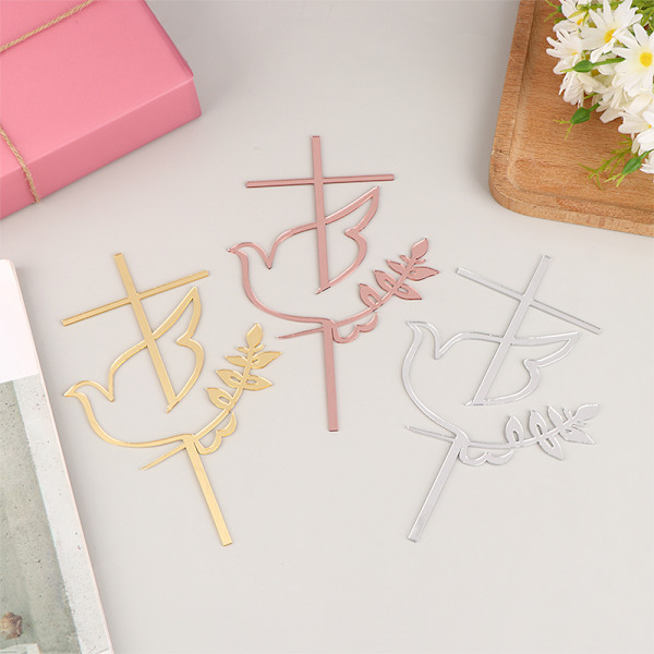 Dove Cross Topper Första Kommunion Minimalistisk Akryl Tårtinsats Gold