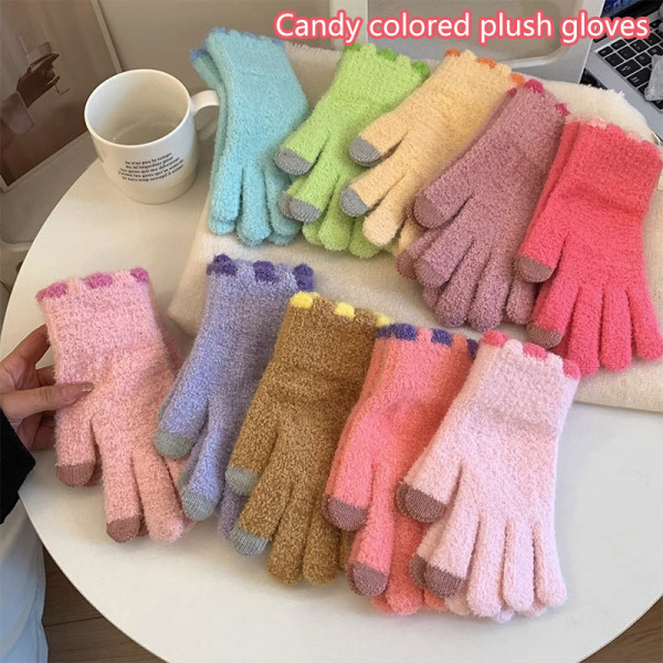 Vinter varme plys handsker Candy Color Student Girl Knitted Touch Brown