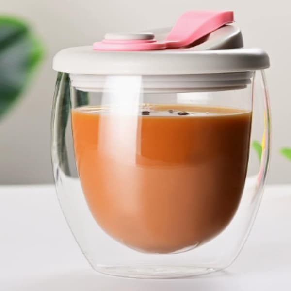 Dubbelväggig kaffemugg i glas med silikonlock, isolerad kaffemugg 3