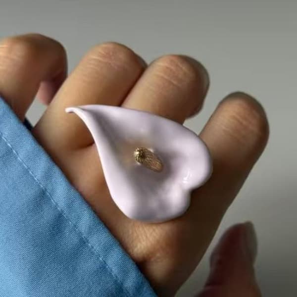 Vintage Farverig Emalje Guld Oliedryp Calla Lilje Blomst Åben R A2