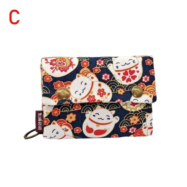 Canvas Tecknad Katt Tryckt Unisex Trefaldig Kort Plånbok Pengar Nyckel B
