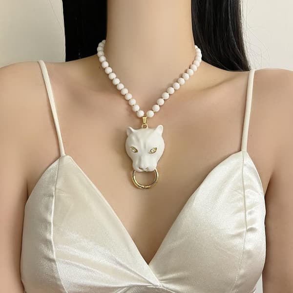 Överdriven Retro Emalj Leopard Hänge Halsband Lång Pärlad C A4