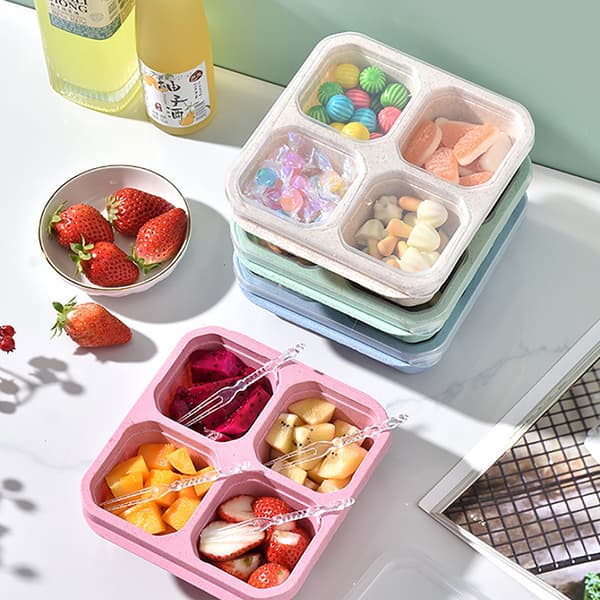 Snacklåda Vetehalm Behållare Med Lock 4-Fack För Dess Beige