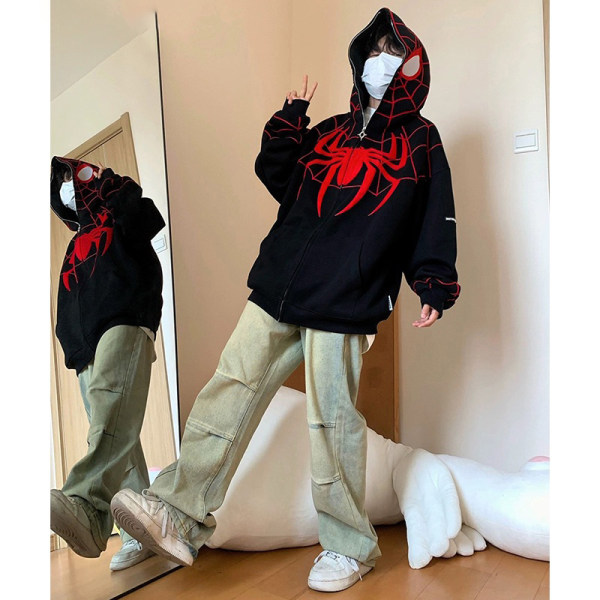 Spider Hoodie Dam Zip Up Casual Streetwear Retro Oversized Sw Red L