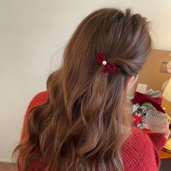 Elegant Velvet Pearl Bowknot Hårklämma Side Clips Christmas Hai A3