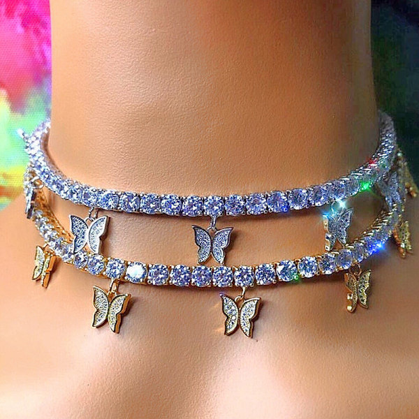 Kvinner mote Rhinestone Butterfly anheng Halskjede Retro gull Silver