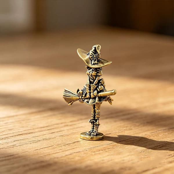 Messingheksfigur med retrodesign, slitesterkt materiale, Halloween