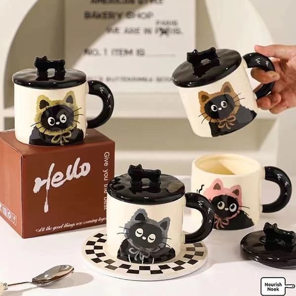 e Katt Keramisk Mugg Med Lock Kaffekopp Drickskopp Kontorspresent 002