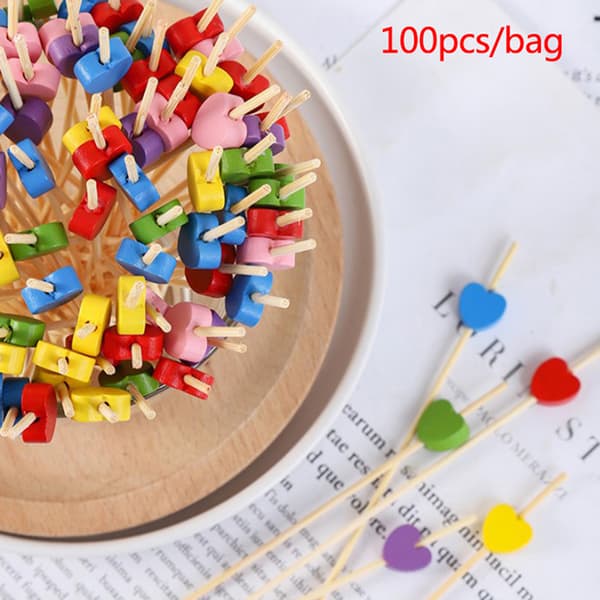 100 stk./pose Hjerte Bambus  Picks Buffet Cupcake Frugt Gaffel Kage D B