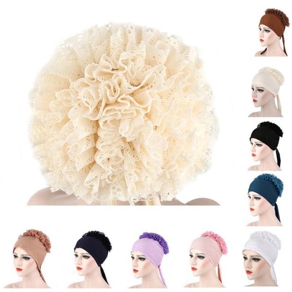 1 Stk Pure Color Milk Silk Pan Flower Hat Muslim Stretch Lace Pla Black