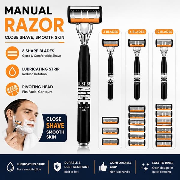 Manuell 6-blads barberhøvel for menn, 18 utskiftbare refiller, tilpasset farge I 1 handle 12 blades