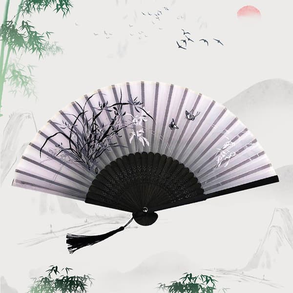 Vintage Style Folding Fan bambu handfläkt Wooden Shank Classic E