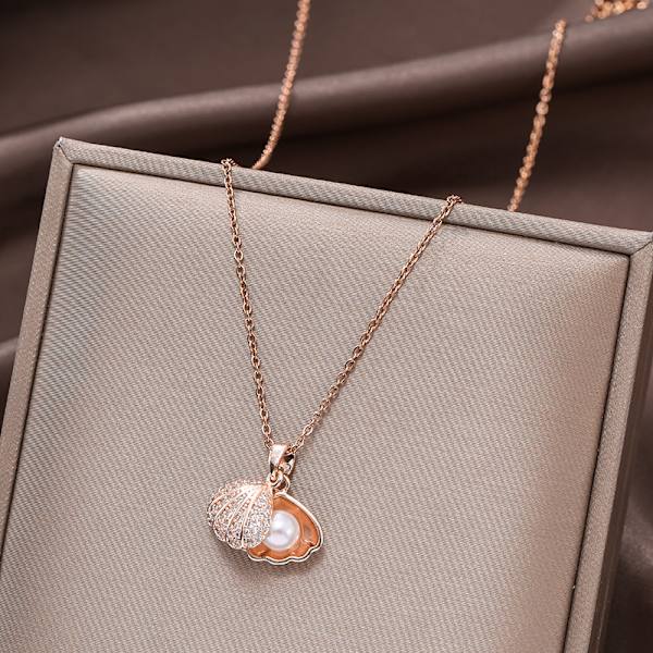 Perlekjede for kvinner Full av Rhinestones Shell Halskjede Met Rose Gold