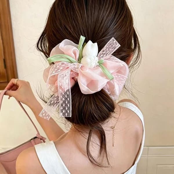 Hårscrunchies til kvinder, tulipaner, sød, blid blonde, alsidig elastik White