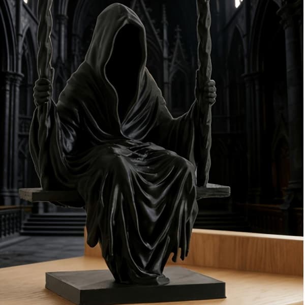Svingende \"Grim Reaper\"-statue i harpiks, svart hette, miniatyrfigur A