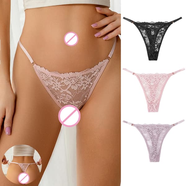 Gjennomsiktig netting lav midje blonde stringtruser for kvinner pustende Black S
