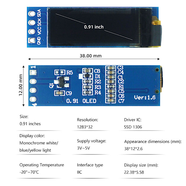 0,91 tommer OLED-modul Hvid/Blå/Gul OLED 128X32 OLED LCD LE White Light