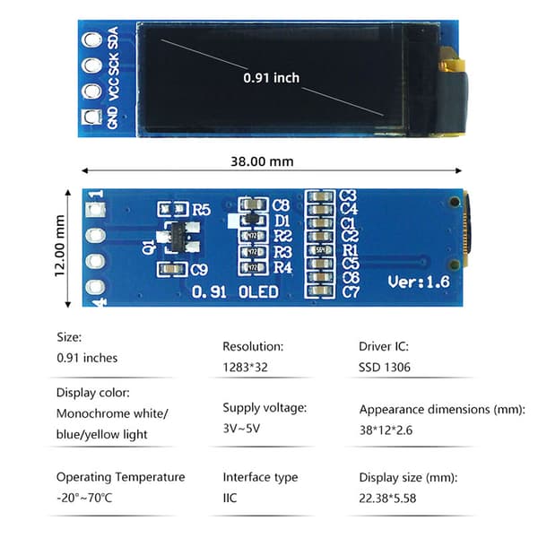 0,91 tuuman OLED-moduuli valkoinen/sininen/keltainen OLED 128x32 OLED LCD LE White Light