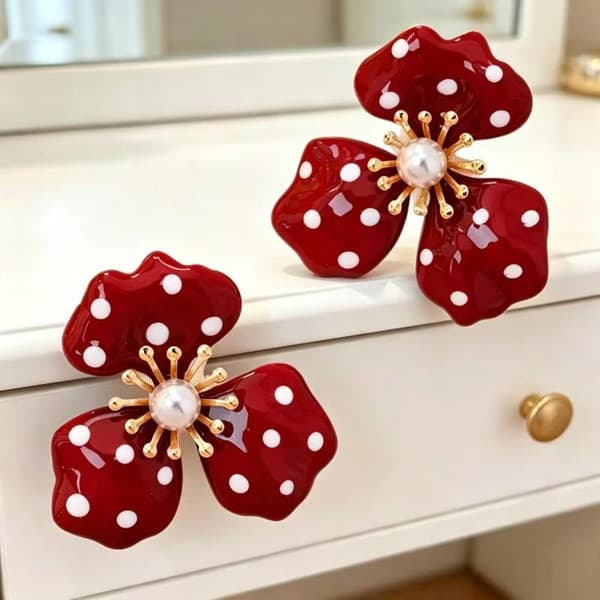 Sorte Polka Dot Blomster Ørestikker Faux Perle Accent Guldfarvet A2