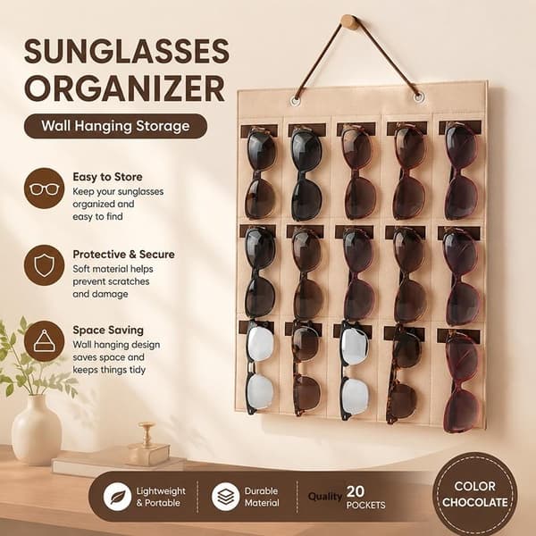 Filt hængende solbrilleorganizer 15 rum robust læderrem Brown