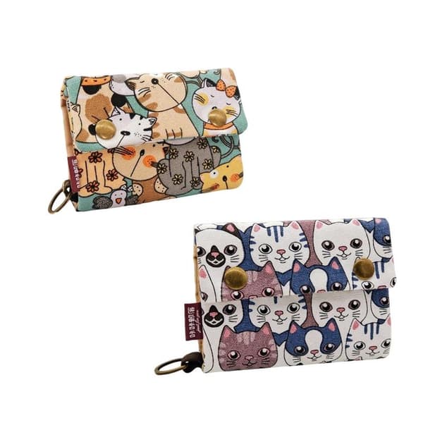 Canvas Tecknad Katt Tryckt Unisex Trefaldig Kort Plånbok Pengar Nyckel E