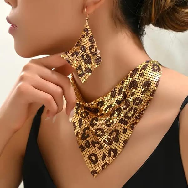 Mode Leopard Paillet Choker & Øreringe Sæt Skinnende Trekant Sc A3