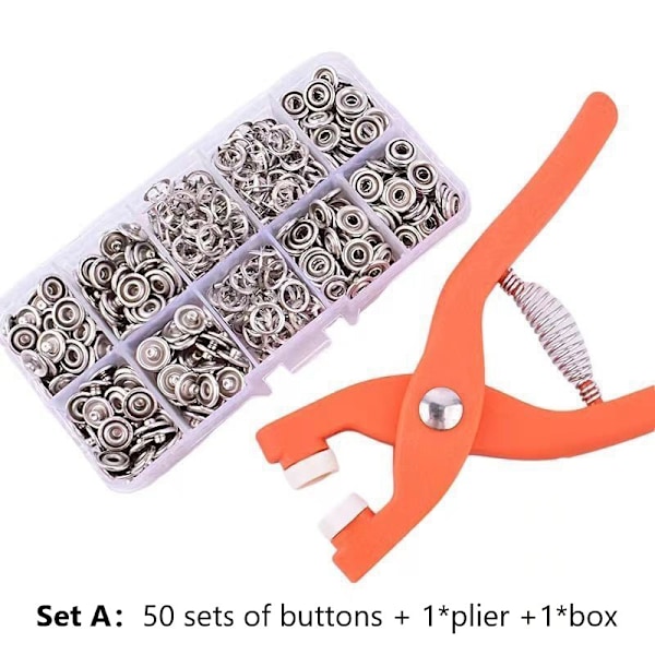 Sett med trykknapper i metall med hurtigfester, trykknapper og ringer Set A
