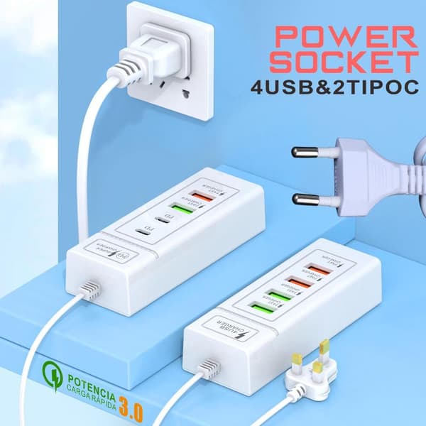 1 stk USB C-lader strømskinne med flere porter for rask lading 2PD 2USB EU