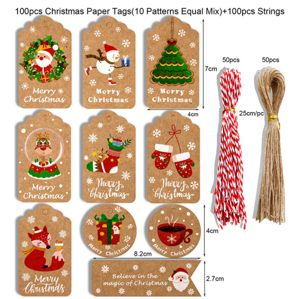 100 kpl Merry Christmas Gift Tags Kraft Paper Card Hang Tag Chri