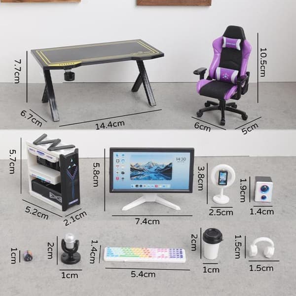 Mini Gaming Skrivbordsstol Set 1/12 Dockhus Datorbord Skärm Orange