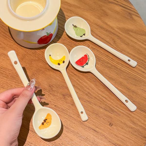 Keramisk suppeskje, iskrem, håndmalt kaffe, dessert, lang A1