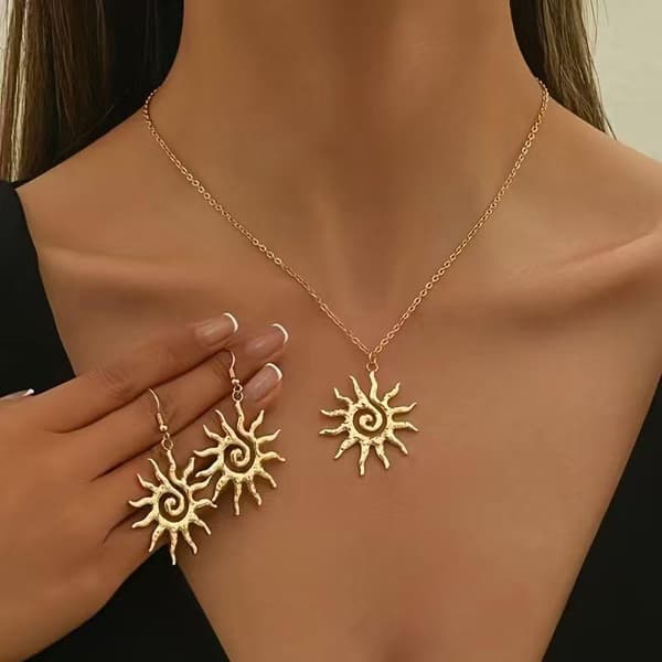 Guld Sol Vedhæng Halskæde Øreringe Sæt Spiral Design Boheme S 1set