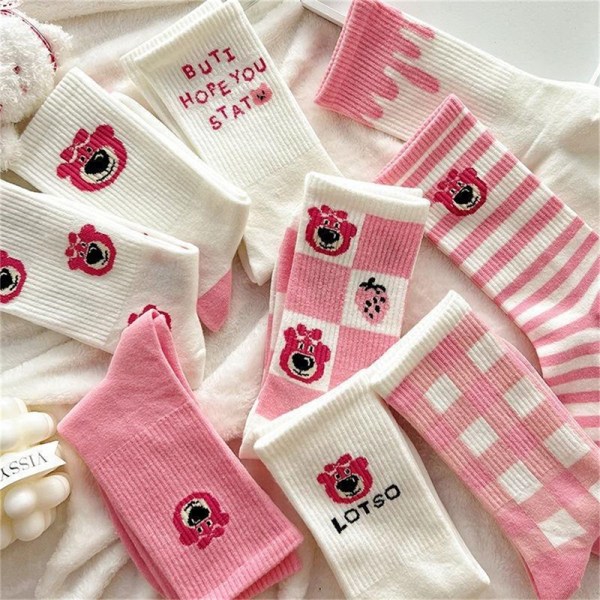 Tegneserie Rosa Strawberry Bear Sokker Kvinner n Versjon Trendy Middl D