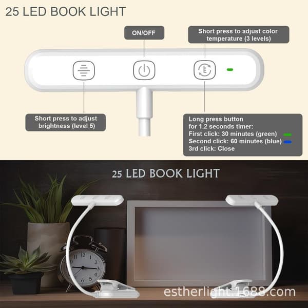 USB Genopladelig LED Bogklemme Læselampe 3 Farvetemperaturer A3