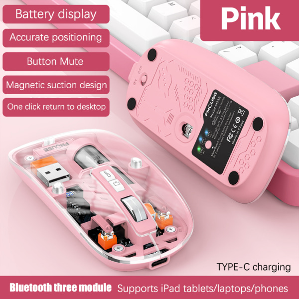 M233Transparent magnetisk mus Trippelmodus 2,4G Bluetooth Compa Pink A11