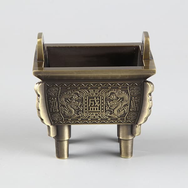 Retro bronse tripod røkelsebrenner  utskjæring drage chinoiserie B