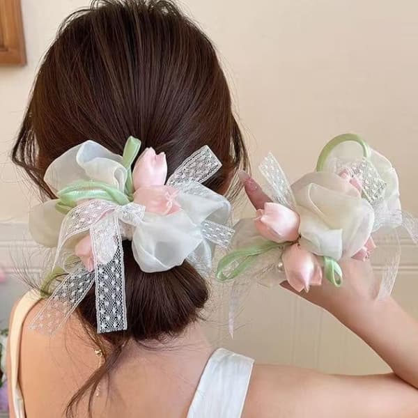 Hårscrunchies til kvinder, tulipaner, sød, blid blonde, alsidig elastik White