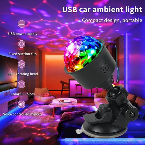 USB bil omgivelseslys 360° roterende hode sugekoppfeste og black