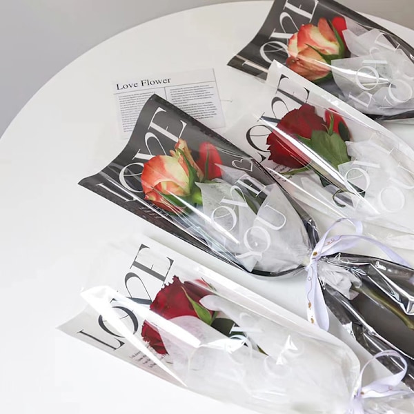 20 st LOVE Transparent Rose Single Bag Bukett Förpackningspåsar White